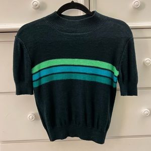 Free People Retro Mock Neck Short Sleeve Blue & Green Striped Sweater